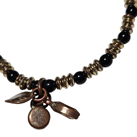 Elegant Gold Tone Black Beaded Leaf Charm Stretch Bracelet Fashion Jewelry - Picture 3 of 4